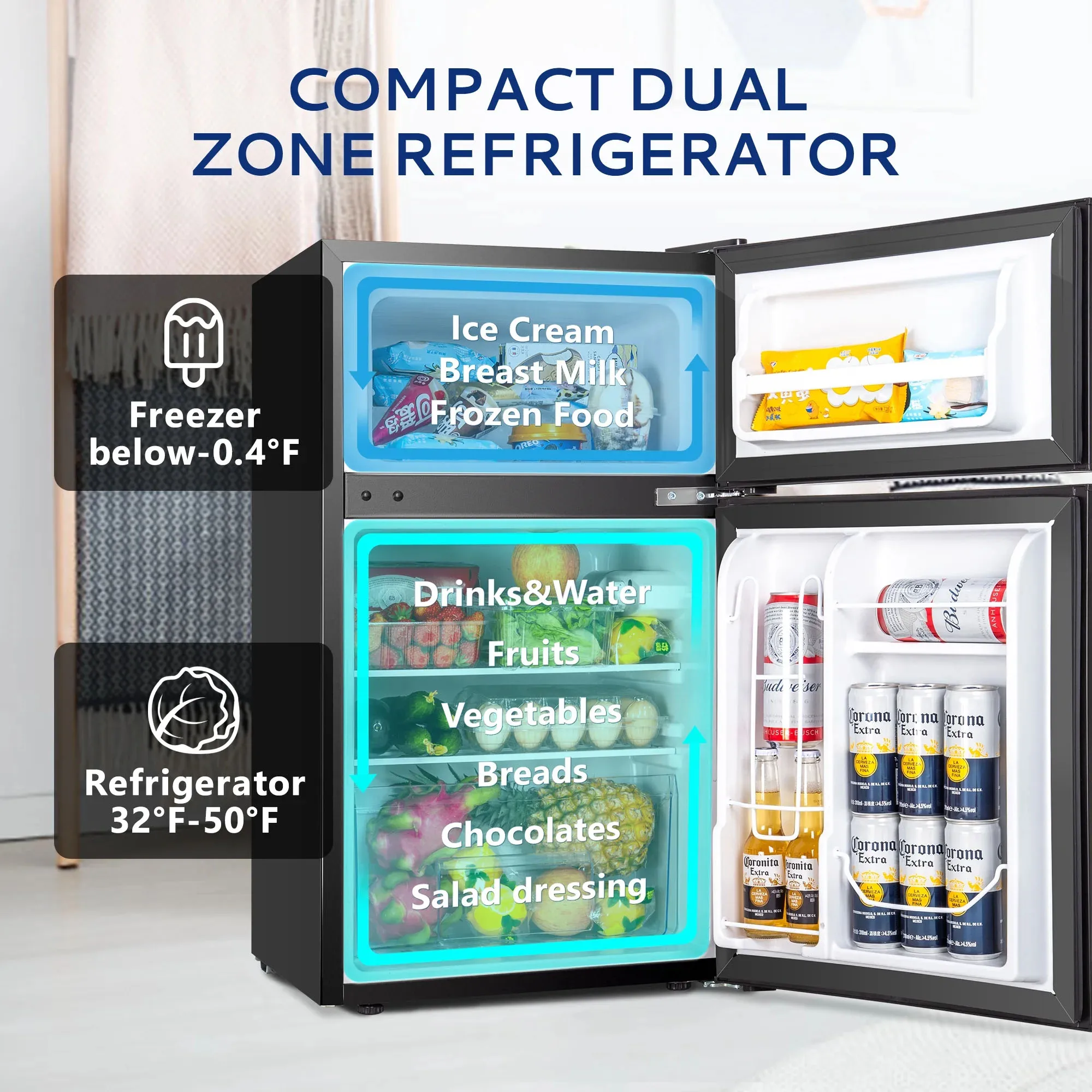 EUHOMY Mini Fridge with Freezer, 3.15 Cu ft Two Door Compact Small Fridge Adjustable Removable Shelves,For Bedroom/Dorm/Office