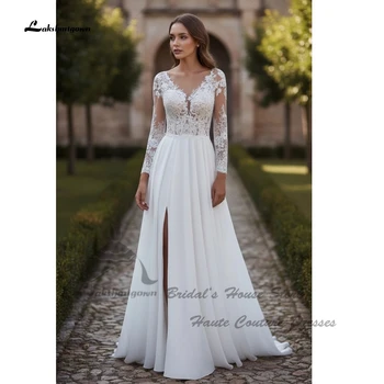Abito da sposa sexy Lakshmigown per la sposa, estivo da spiaggia 2026, linea ad A in chiffon, stile boho, scollo a V, pizzo, senza schienale, personalizzabile