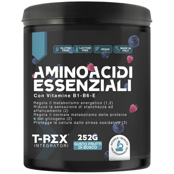EAA Aminoacidi Essenziali con mix di vitamine B1, B6 ed E - Integratore di amminoacidi naturali vegan ottenuti da fermentazione T-Rex Integratori (Polvere, Frutti di Bosco)