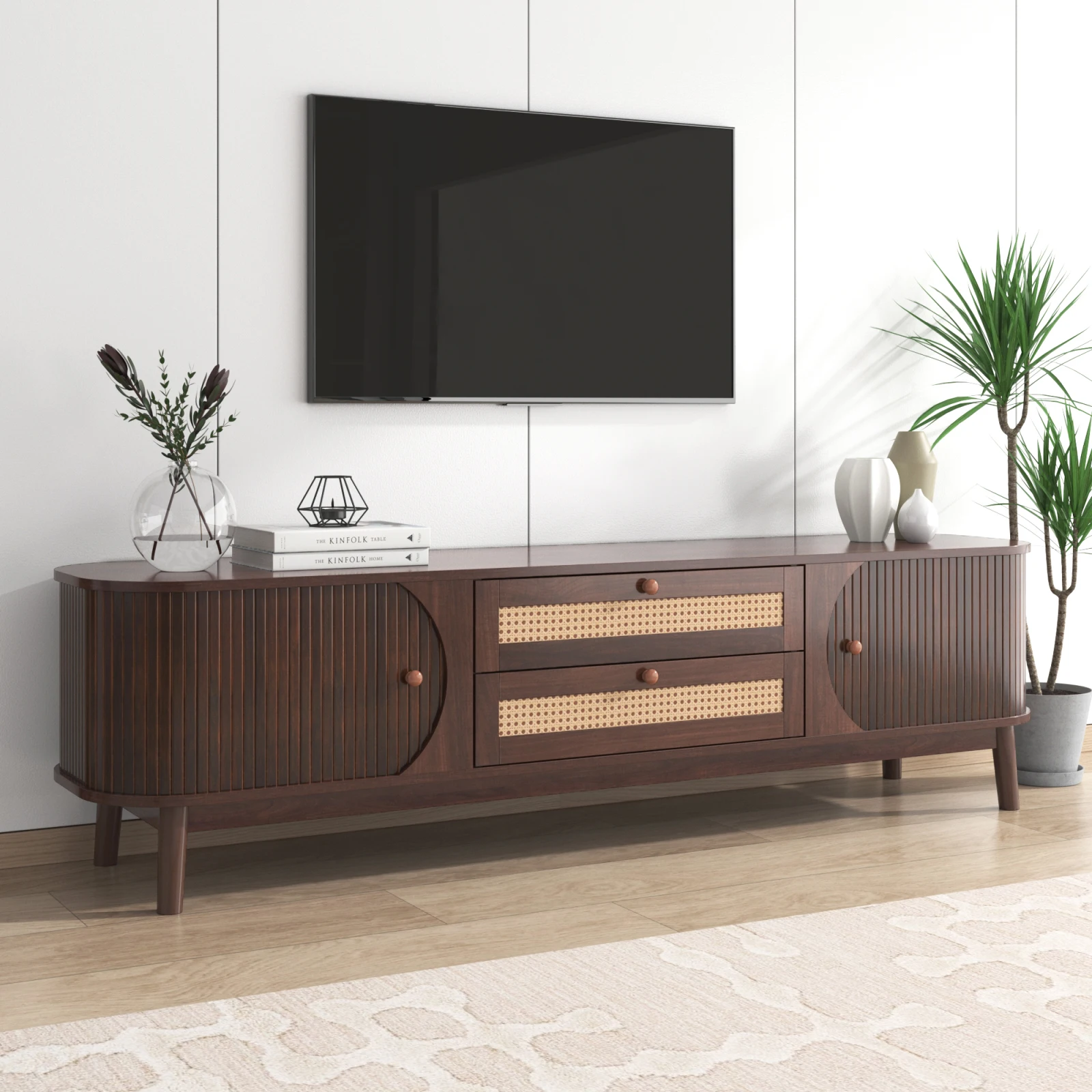 Rosahqnda TV-Schrank-Natürlicher Holz-Blend TV-Schrank mit Türen und Schubladen. TV-Ständer mit Rattanseiten,170 x 46 x 39.5 cm – Detail 12