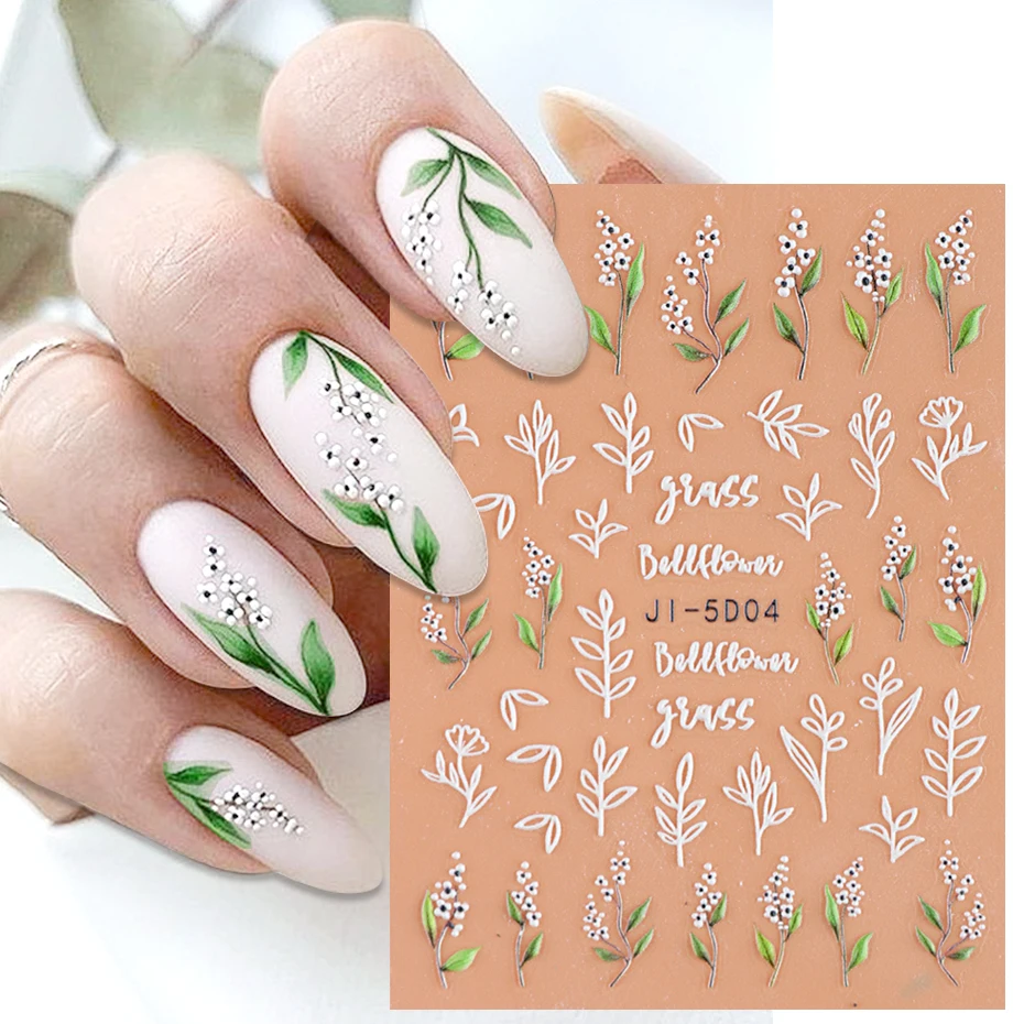 Embossed Summer Nail Art Stickers Green White Lily of The Valley Decal Botanical Leaf Sticker Sliders