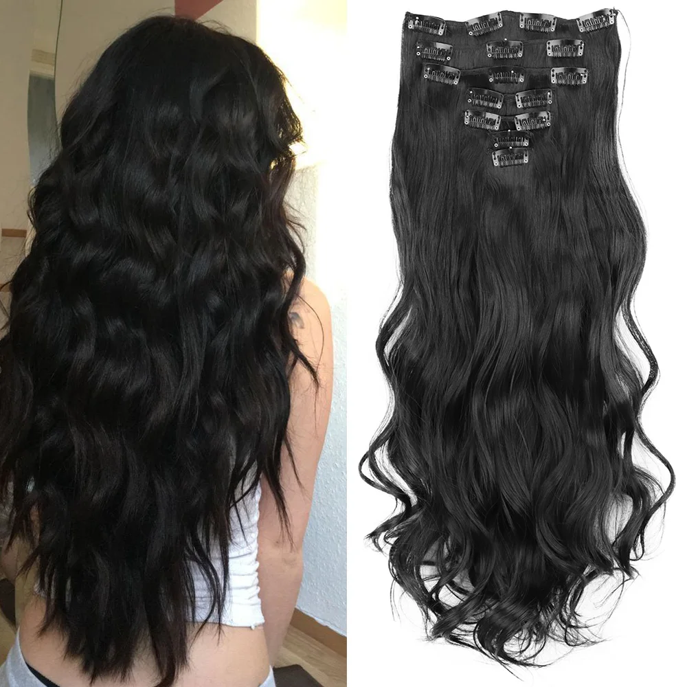 

16 Clips 24 Inchs Synthetic Long Wavy Hair Clip Style Women's Hair Extension Black Gold Natural High-temperature Fiber Hairpiece