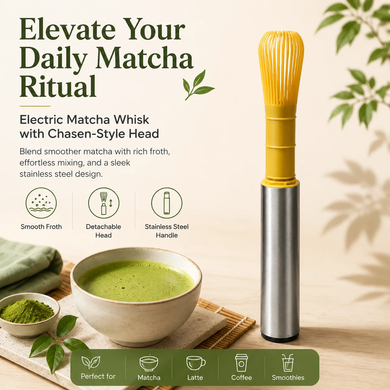 Portable USB Rechargeable Matcha Mixer with Bamboo-Style Whisk Head and Protective Storage Cover for Green Tea Preparation