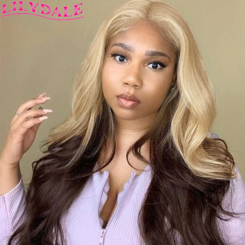Brown with 613 Roots Ombre Wig 13x4 Lace Frontal Wigs Human Hair Body Top to End Platinum Ombre Colored Wig HD Transparent Lace