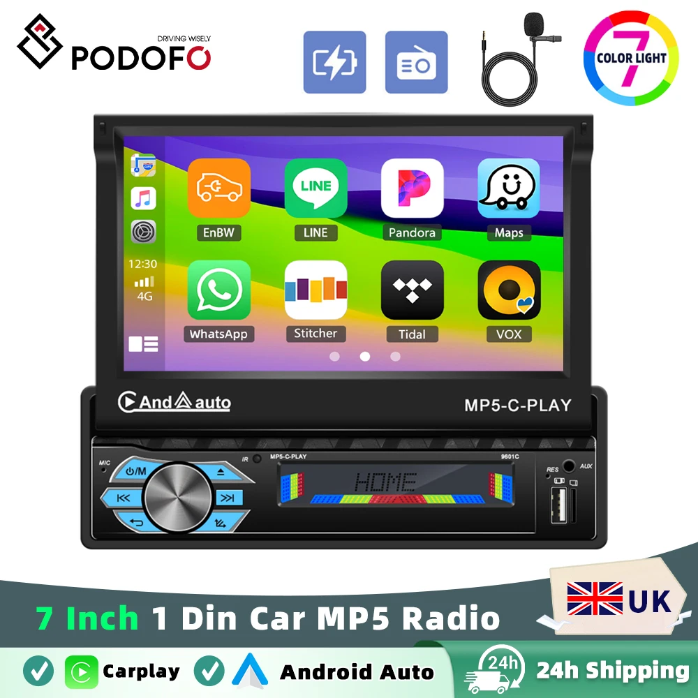 Podofo 7'' Carplay Automatic retractable Screen MP5 Player Wired Android Auto Car Radio 1Din Touch Car Multimedia Player