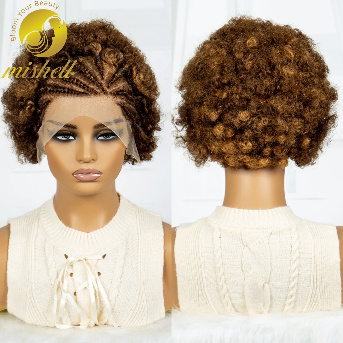 

4-30 Color 6 inch 250% Density 13x4 Transparent Lace Afro Kinky Curly Human Hair Wigs with Braids Bouncy Curly Bob Wig for Women