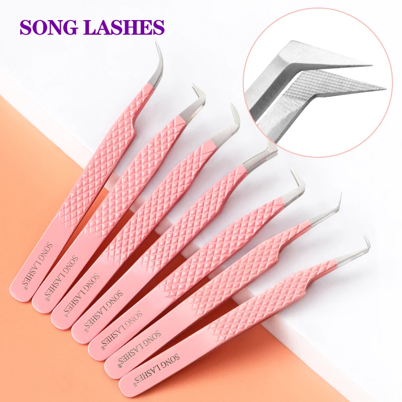 eyelash tweezer black stainless steel superhard precision anti static tweezers grafting lashes extension supplies makeup tools Song Lashes Pink Fiber Tips Tweezers High Precision Eyelash Extension Tweezers Volume Lashes Application Makeup Tools