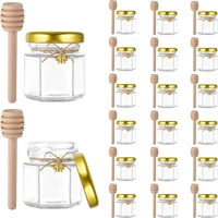 Mini Honey jars-Hexagon honey jars with wooden spoon, bee pendant,Glass Honey jars with lids, Baby Shower, Wedding Favors 1
