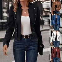 Slim Fit Solid Color Double-breasted Decorative Women Jacket Open Front Buttons Stand Collar Long Sleeve Woman Cardigan Jackets