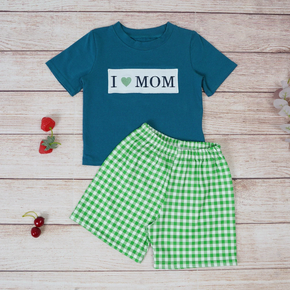 

2023 New Arrival I LOVE MOM Baby Boys Set Clothes Casual Blue Cute T-Shirts And Green Lattice Shorts Outfits 1-8T For Summer