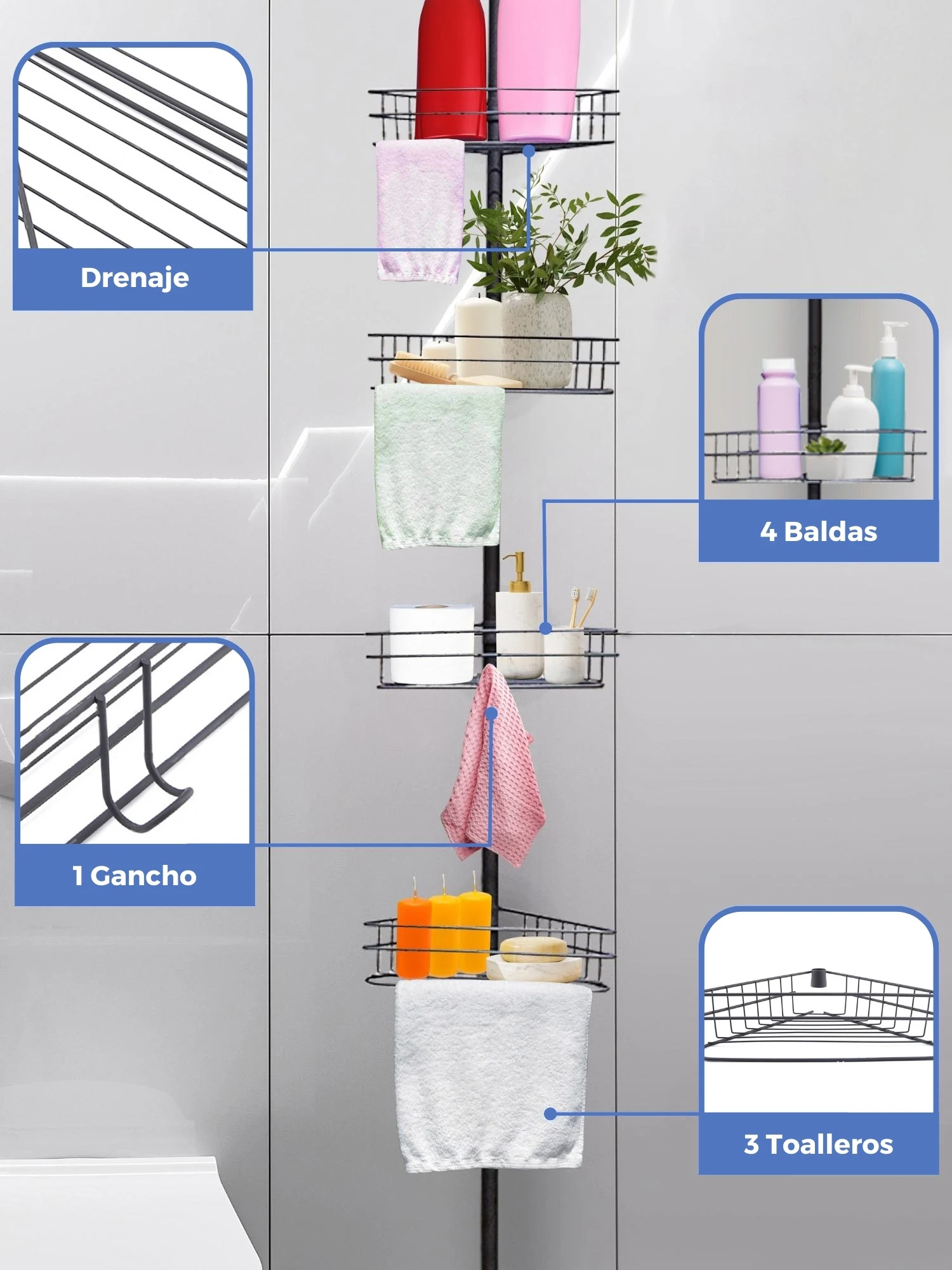 CTXGSOQ Estante Telescópica Para Ducha de Acero Inoxidable, Estanterias de  Baño Réglable Hauteur 110 à 280cm, Estante de Esquina Telescópico Para Ducha  4 Niveles, Telescópica Estantería Plateado : : Hogar y cocina