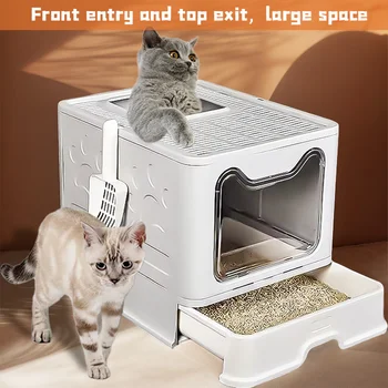 Foldable Cat Litter Box Top Entry Enclosed Anti-Splashing Cat Toilet with Scoop Cleaning Brush 2