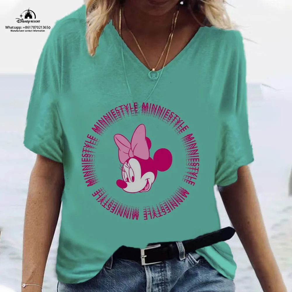 

Women's T-shirt fashion new Disney Mickey Minnie 3D printing short-sleeved T-shirt oblique V-neck basic top summer T-shirt