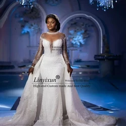 South Mermaid Full Beads Sequins African Wedding Dresses with Detachable Train Sheer Long Sleeve Robe De Soirée Customise