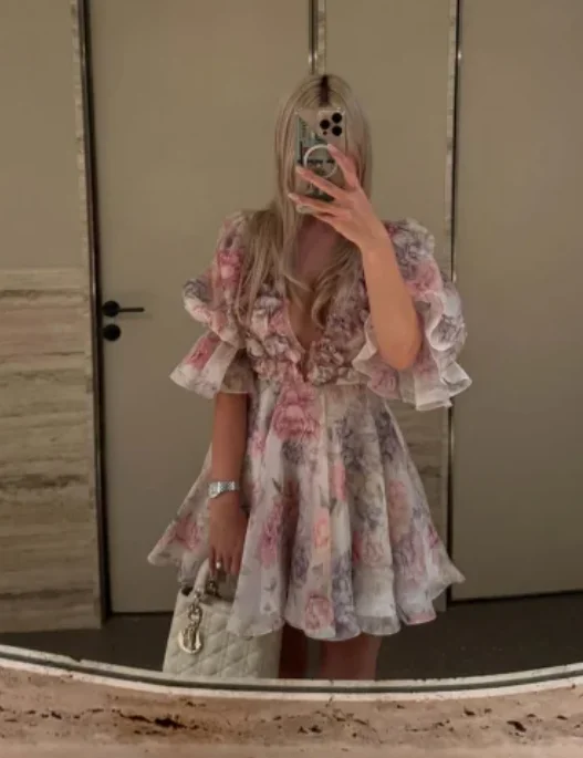 Chic Floral Printed Mini Dress Backless Sleeveless Hem Stacking Dresses photo review