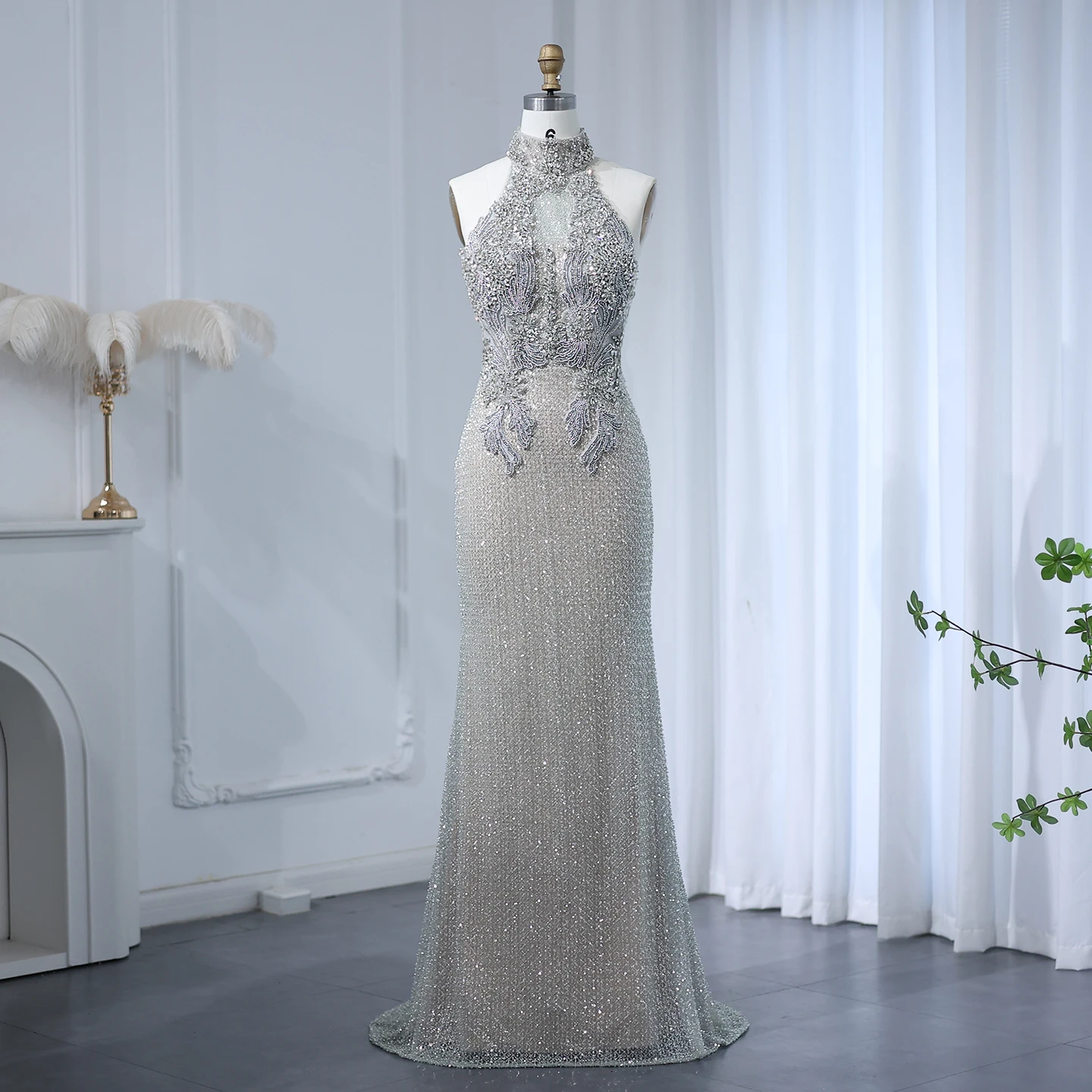 Sharon Said Luxury Halter Silver Nude Beaded Evening Dress Backless Arabic  Style Women Wedding Formal Party Gown SS408 Customize - AliExpress 320