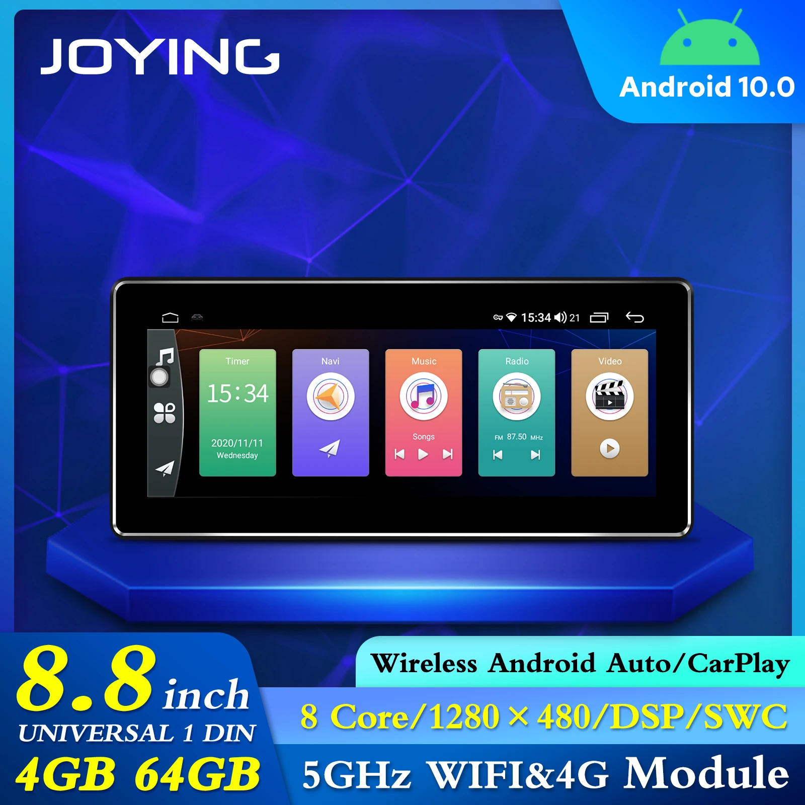 JOYING 8.8 Simple 1 Din Android 10 Stéréo 5GHz WIFI Bluetooth Carplay GPS  Navi