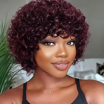 Debut Short Pixie Afro Kinky Curly Wigs for Black Women Glueless Natural Brown Bob Wig With Bangs Brazilian Human Hair Wigs