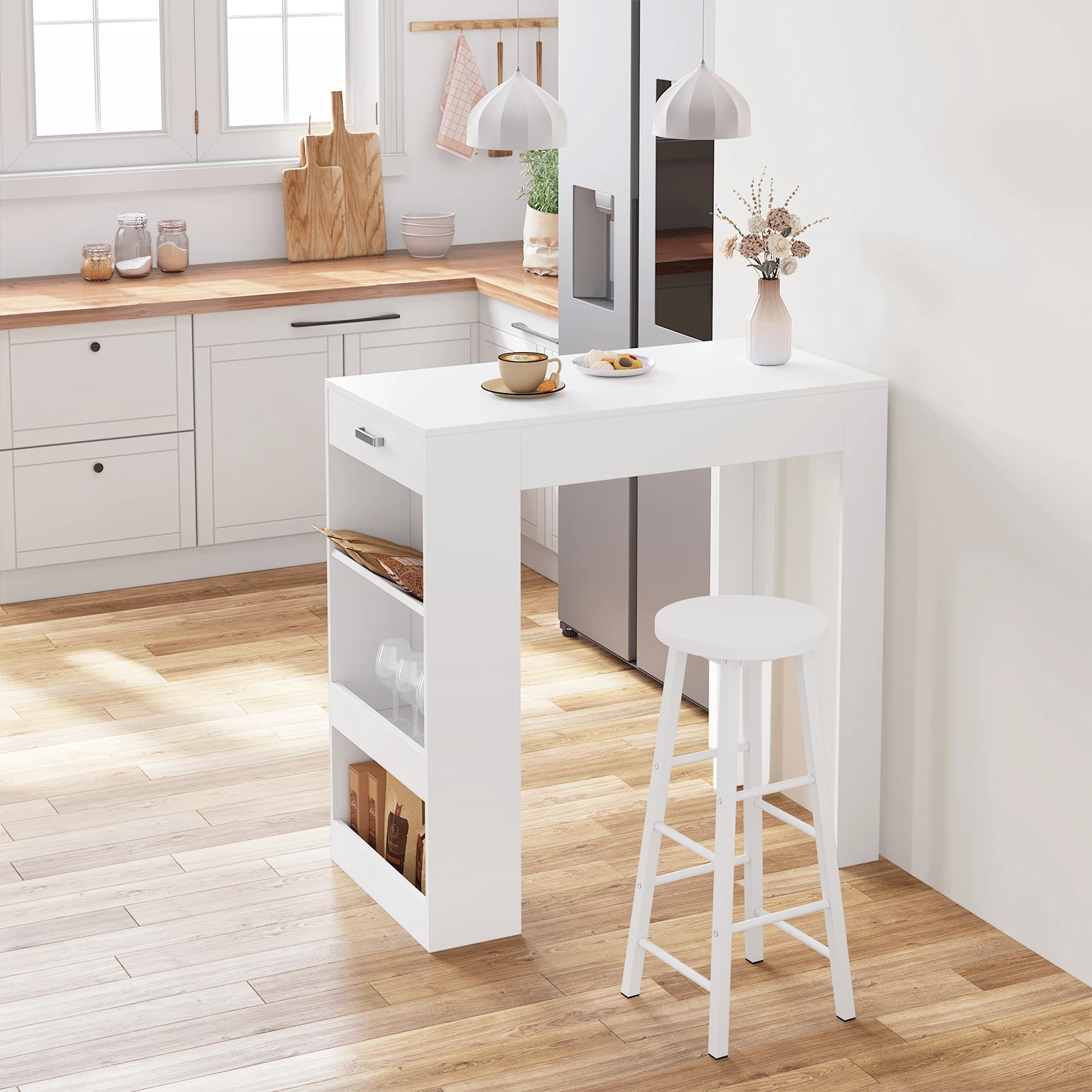 WOLTU Table de Bar 100x100x50cm Table de bistro avec 1 tiroir 3 étagères casier à vin Table de cuisine pour salon salle à manger décor à la maison