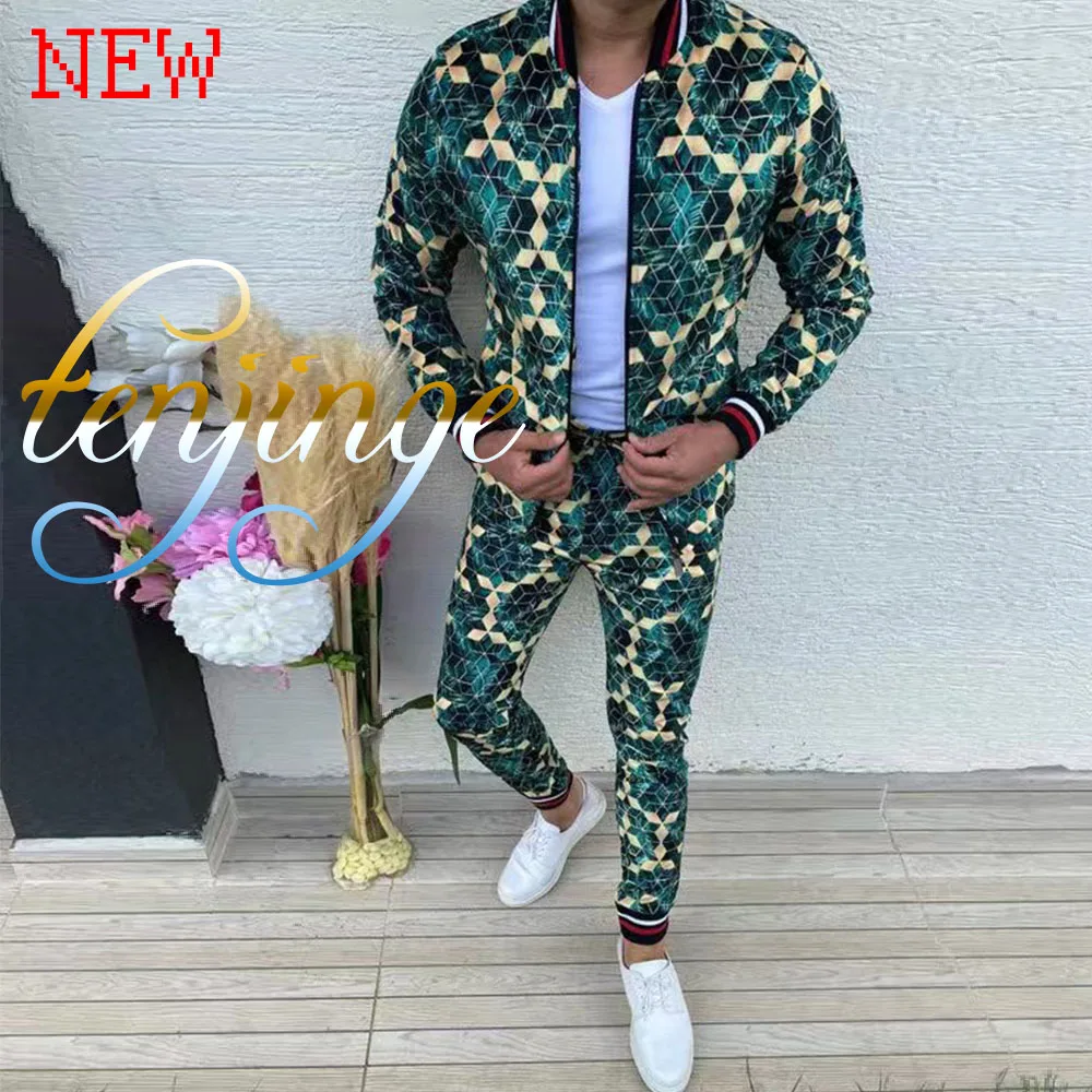 High Street Tracksuit Men 2 Pieces Set 2021 Men's Sets Sportswear Spring Autumn Jacket+Pants Outfits Fashion Slim Track Suit 2021 summer new sik silk printing trend men s street fashion casual slim shorts set cotton short sleeve t shirt 2 piece sets