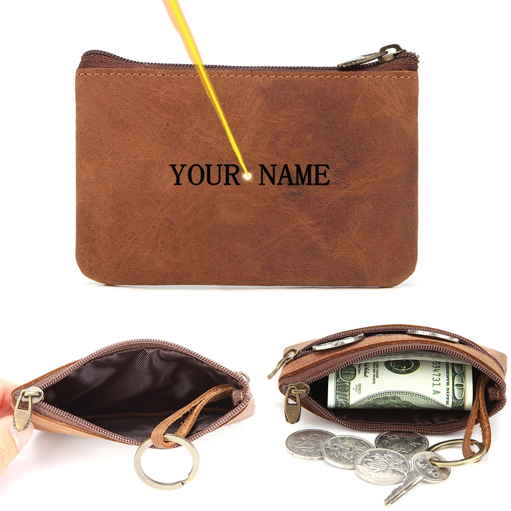 New Custom Name Simple Mini Retro Crazy Horse Leather Men's Small Coin Purse Double Zipper Key Bag Card Portable Pocket Wallet