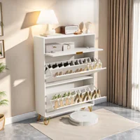 ROSAHQNDA Современный белый деревянный шкаф для обуви для прихожей, органайзер для хранения обуви с двумя откидными ящиками, боковое хранилище для обуви — изображение 2