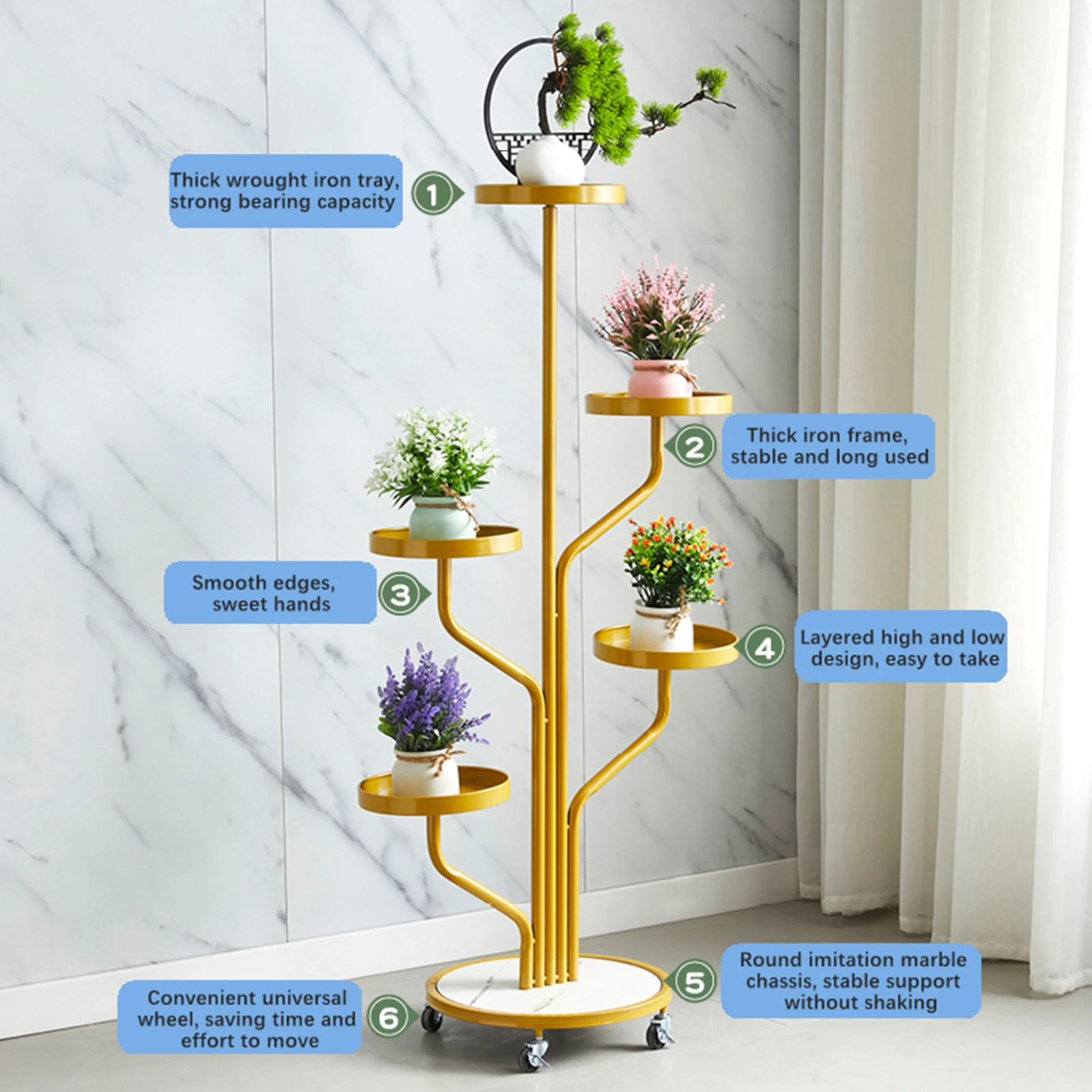 Plant Stand with Wheels Flower Pot Holder Metal Movable Multi Tier Flower Stands for Home Patio Garden Living Room Decoration