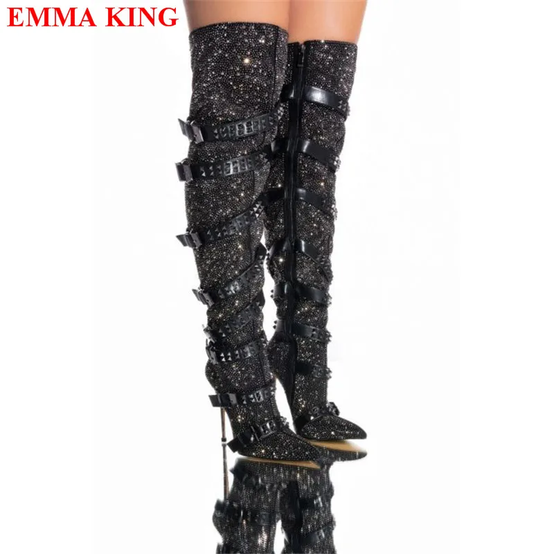

Luxury Rhinestone Thigh High Boots Woman Rivet Buckle Strap Over The Knee Boots Sexy High Heel Party Stage Motorcycle Boots 2022