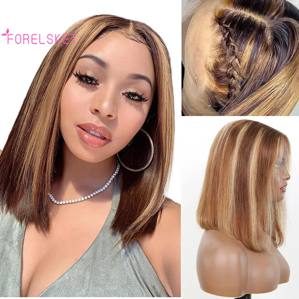 

4/27 Honey Blonde Bob Lace Front Wig Human Hair 12 Inch 12A Short Bob Wig 180% Density 6x4 Glueless Wig Straight Bob Frontal Wig