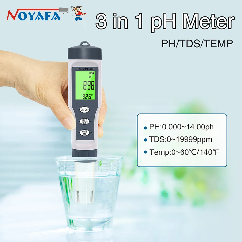 NOYAFA EZ-9901 Digital PH Meter with Battery, 3 in 1 PH TDS Temp Pen Type Water Quality Tester for Water Wine Spas and Aquariums
