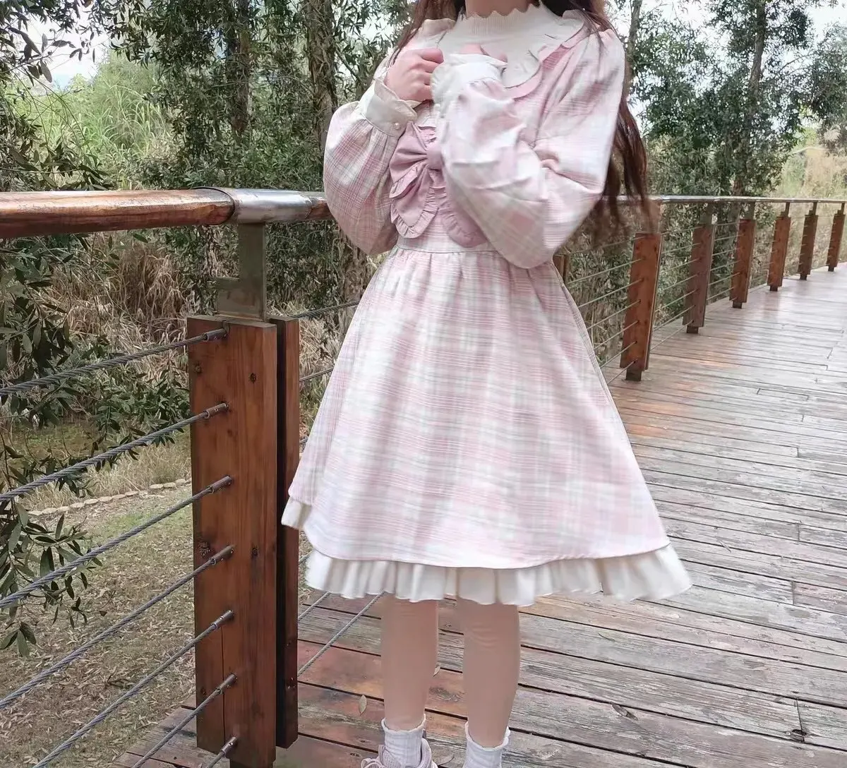Vestido lolita xadrez doce rosa kawaii