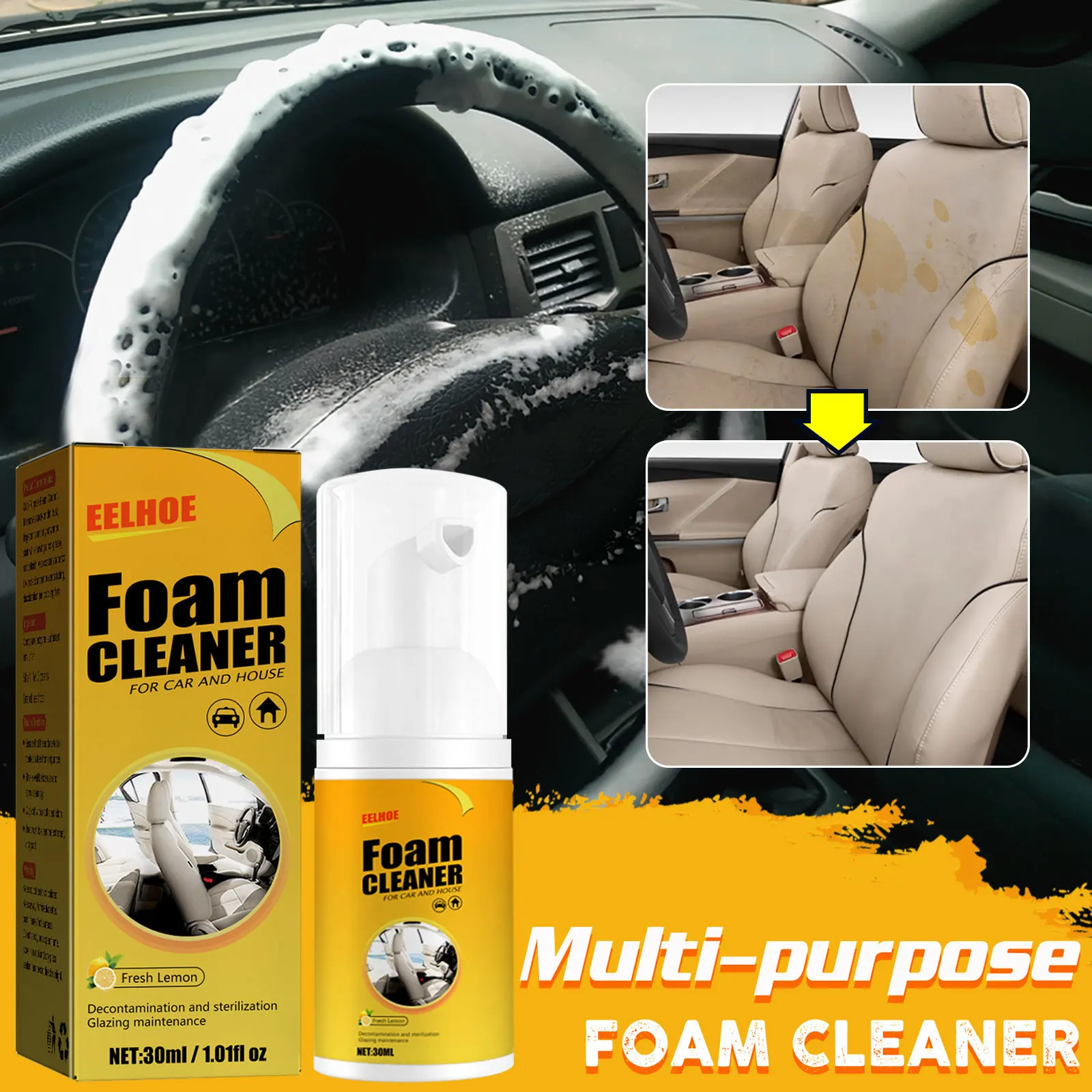 Eelhoe 30ml Car Foam Cleaner Spray Car Interior Leather Fabric Stain Remover Auto Decontamination Polishing Bubble Clean Spray