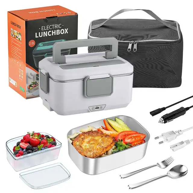 ​Boîte à Déjeuner Électrique Chauffante 2-en-1 – Gamelle Bento Portable en Acier Inoxydable (1.5L - 60W / XXL 2.5L - 90W) – 12V/24V/220V pour Voiture, Camion et Bureau 9