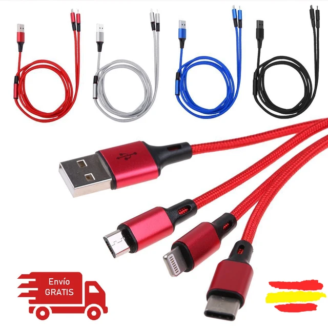 Cable de carga 3 en 1, cargador de teléfono múltiple de 3 vías, cable USB  tipo C/micro USB para iPhone/Android/tablet/Samsung Galaxy/iPad/teléfono