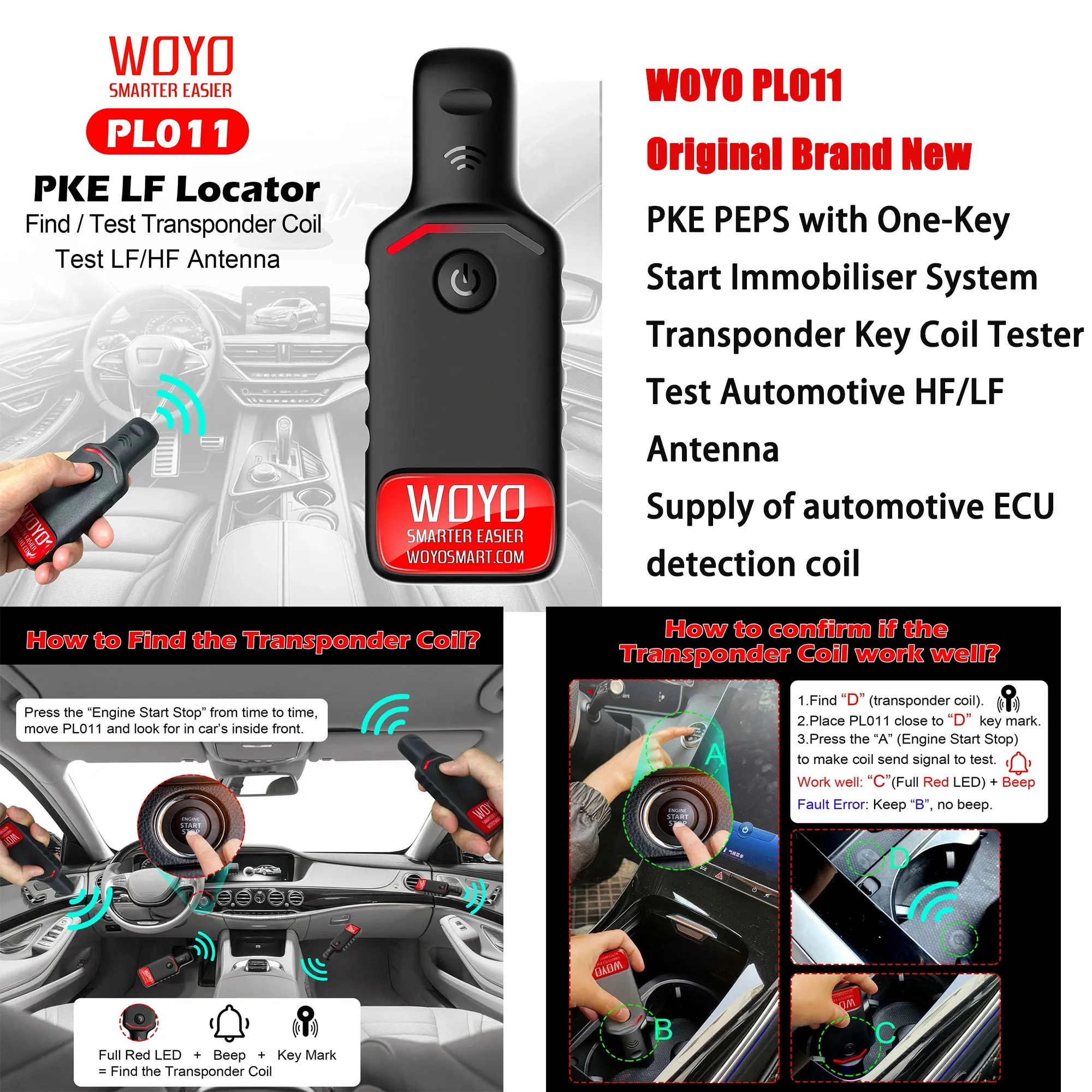 WOYO PL011 PKE LF Locator ECU Induction Transponder Key Coil Detector For All Car PKE PEPS LF HF Antenna Tester Diagnostic Tool