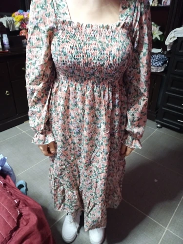 Long Sleeve Casual Dress Women Chiffon Dresses Autumn Spring A-line Printed Floral Elastic Chest Lace Up Midi Dresses Vestidos photo review