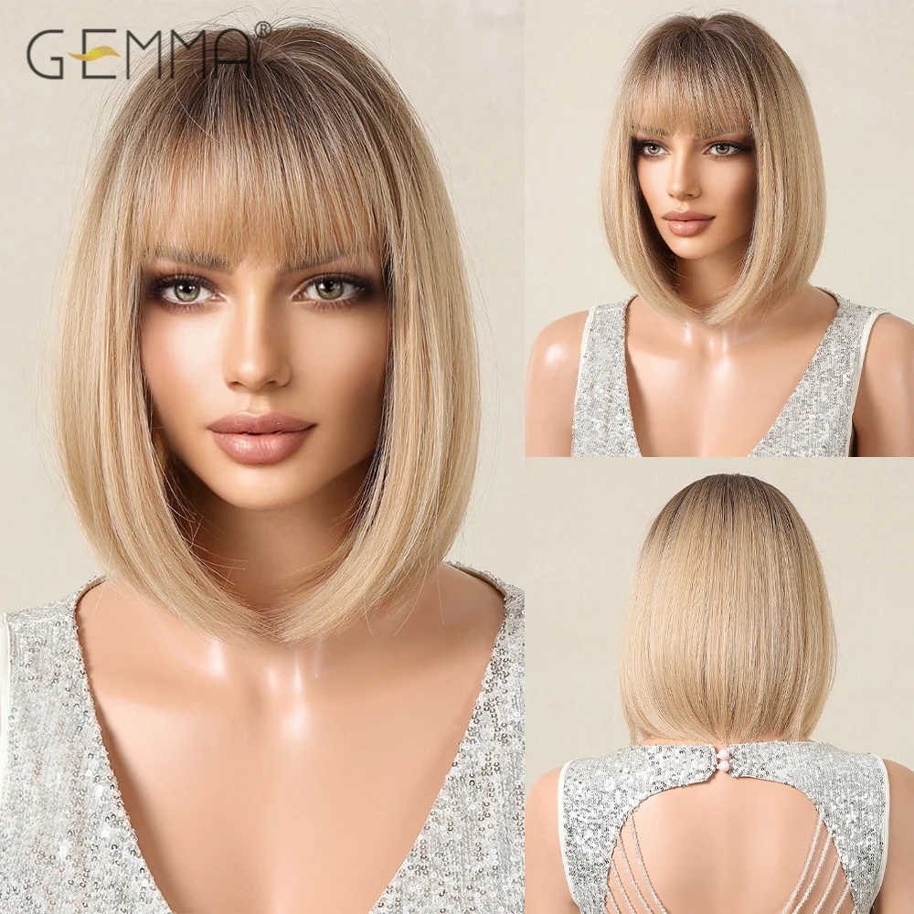 

Ombre Blonde Brown Short Bob Hair Wig with Bangs Synthetic Straight Cosplay Wigs for Black Women Daily Party Heat Resistant