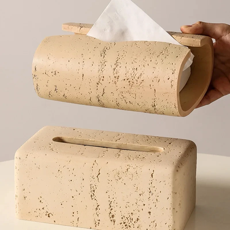 Modern Cave Stone Tissue Box Holder Living Room Contemporary Light Luxury Table Creative Beige Tissue Paper Cover INS 5