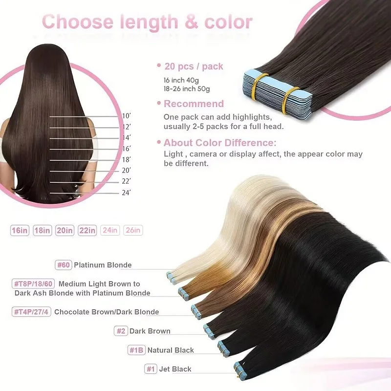 Alimice 20pcs Straight Tape In Hair Extensions Human Hair Extensions #2 Dark Brown 50g