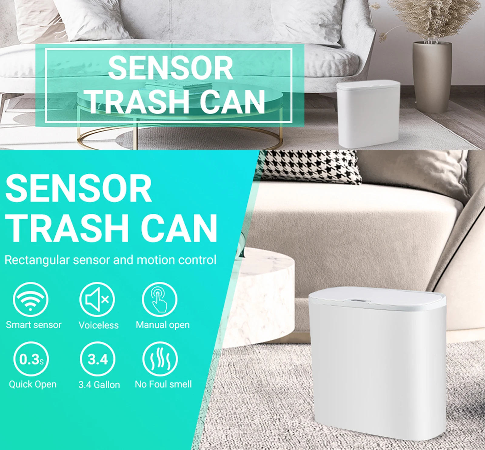 Motion Sensor Trash Can - 13L Automatic Waterproof Bin for Bathroom Kitchen Office Bedroom