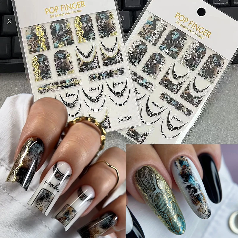 3D Embossed Snake Nail Stickers Black Self-Adhesive Snake Nail Art Stickers Decals Supplies Horror Snakeskin Nail Slider Decor 6