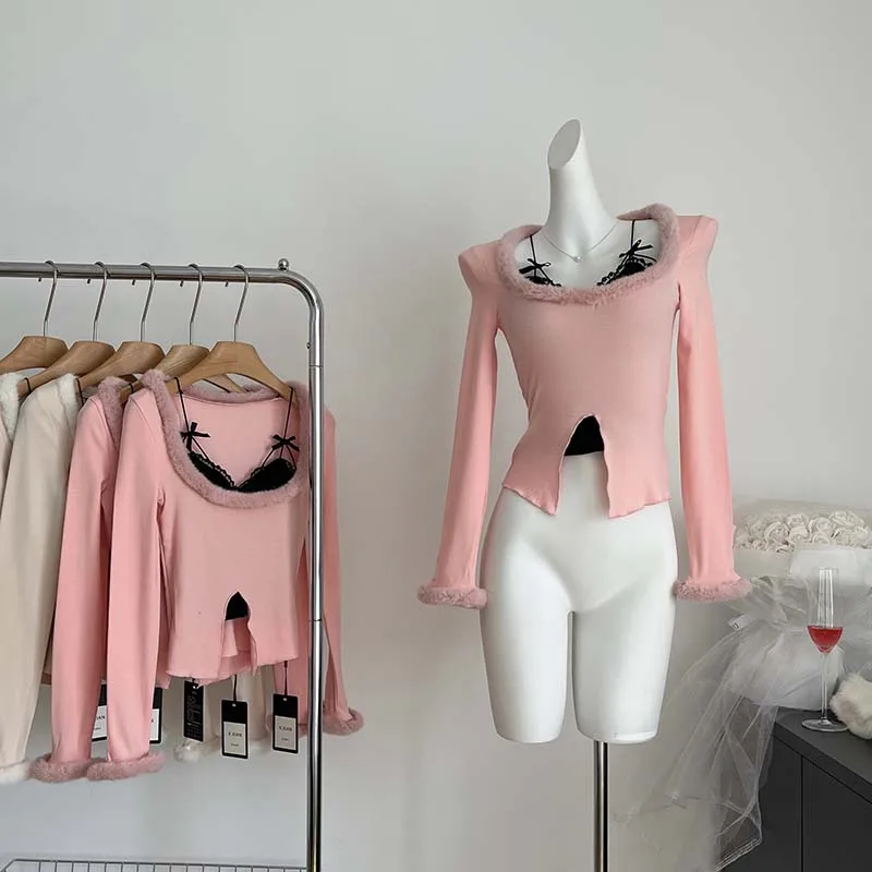 

Осенний Новый шикарный укороченный топ с имитацией двух предметов, облегающие кружевные дизайнерские футболки с длинным рукавом, повседневные футболки, кокетка с разрезом на подоле в стиле Харадзюку, ретро