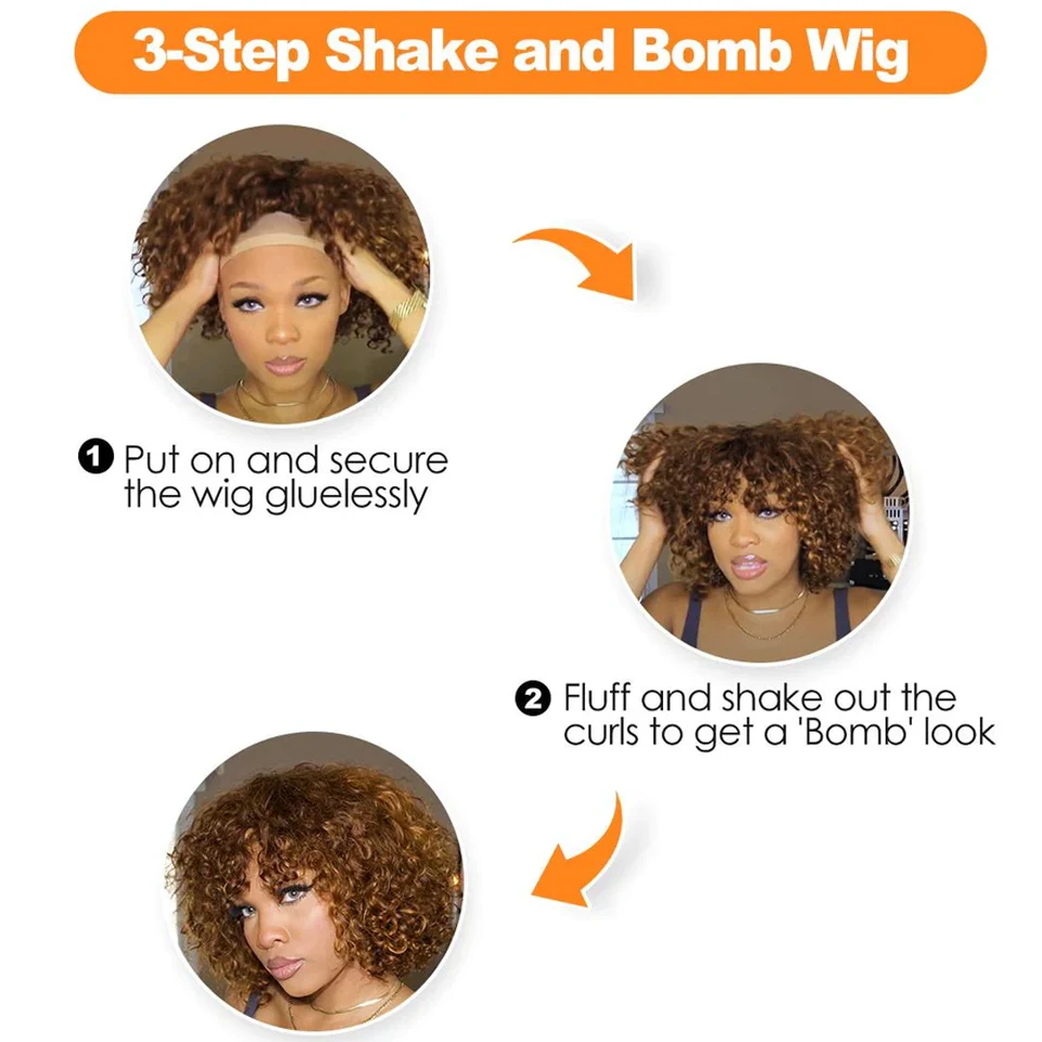 Glueless Human Hair Wigs With Bangs Highlight Honey Brown Curly Short Bob Wig With Bangs Jerry Curly Bob Wigs For Women human hair wigs