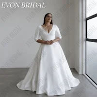 EVON BRIDAL Deep V-Neck Plus Size Wedding Dresses For 2024 Bride Backless 3/4 Sleeves Satin A-Line Custom Made Bride Gowns 1