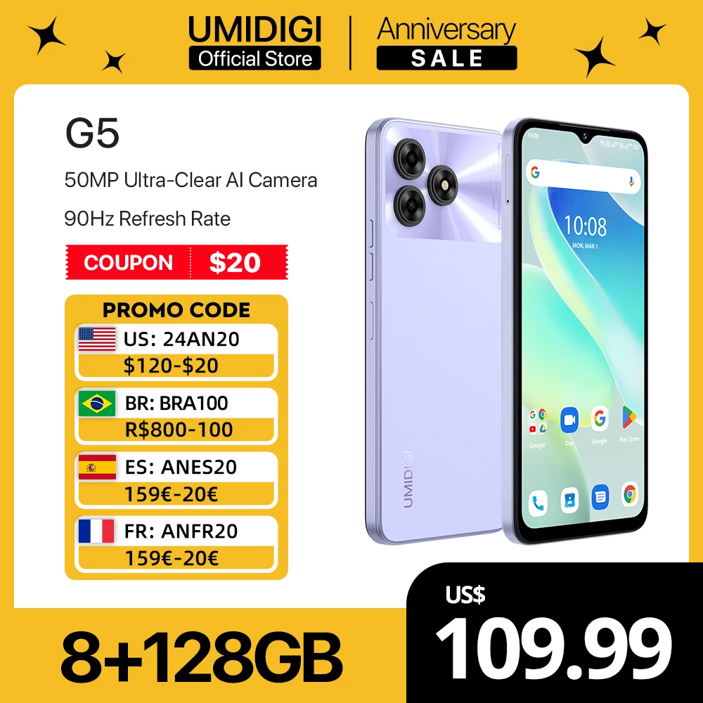 [World Premiere] UMIDIGI G5 Smartphone, Android 13 , 8GB RAM 128GB ROM, 50MP Camera, 5000mAh Battery,  Dual SIM 4G Cellphone oppo a78 5g dual sim 6 56 inches smartphone 128gb 8gb ram 5000mah fingerprint and face recognition 5g android phone glowing blue