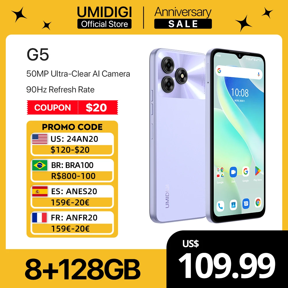 UMIDIGI G5 스마트폰, 안드로이드 13 , 8GB RAM, 128GB ROM, 50MP 카메라, 5000mAh 배터리, 듀얼 SIM, 4G 핸드폰, 월드 프리미어 
