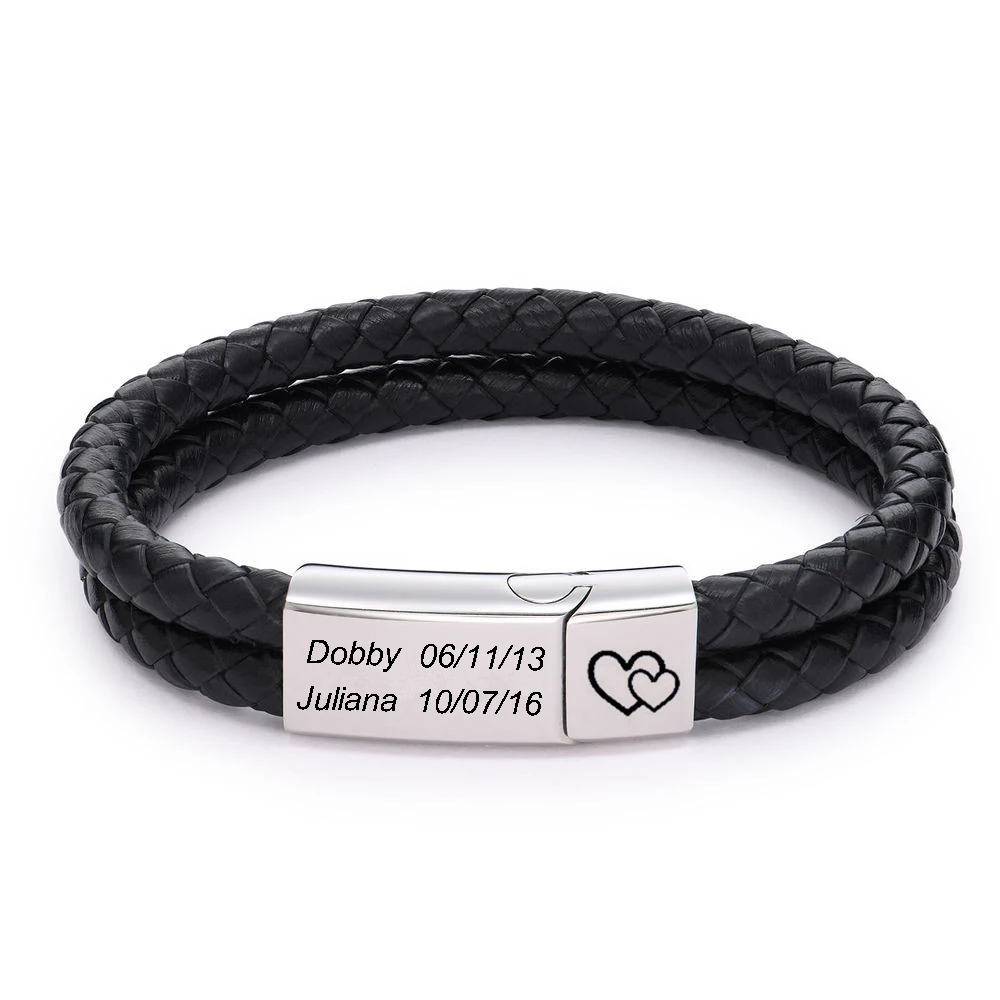 Personalized Bracelet for Men Customized Name Date Black Leather Bracelets Stainless Steel Magnet Buckle Wristband Jewelry Gifts bracelet cow beading magnet buckle bracelet in silver size one size