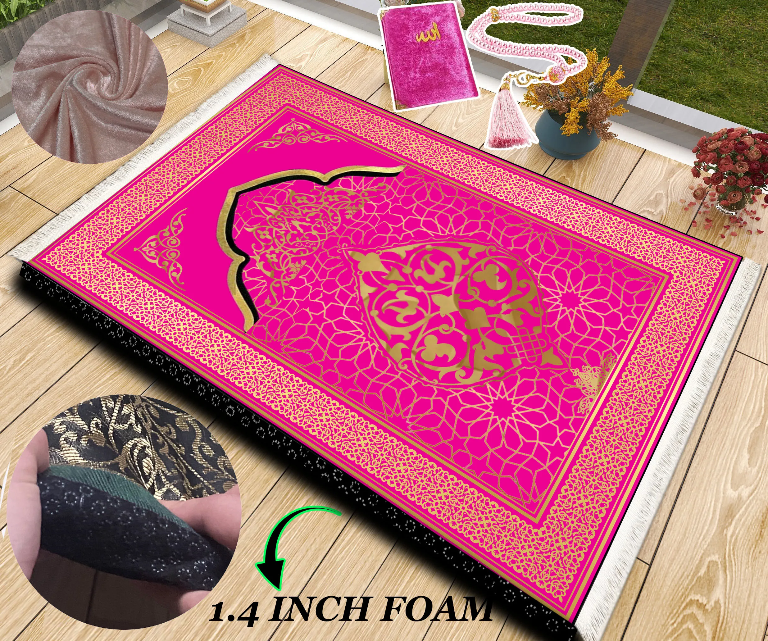 

Extra Thick Foam Padded Turkish Oriental Pink Gold Prayer Rug, Yaseen, Soft Praying Mat Carpet & Pearl Tasbeeh, İslamic Gift Set