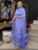 Modphy Solid Elegant Spliced Ruffles Dresses For Women V Neck Cloak Sleeve Lace Up High Waist Long Dress Female Clothing Fashion - Image 4