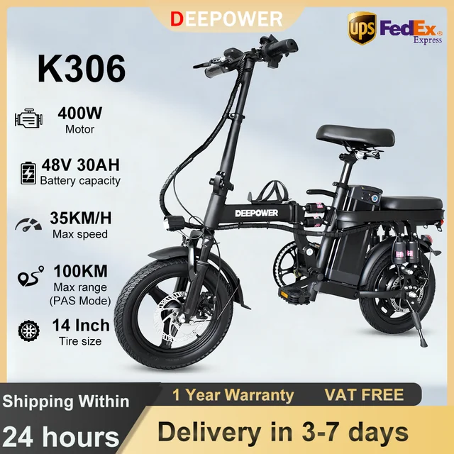 DEEPOWER Elektrische Fiets K306 Mini Opvouwbare Elektrische Fiets 400W 48V 30AH Lithiumbatterij 20MPH Stad Commuter ebike